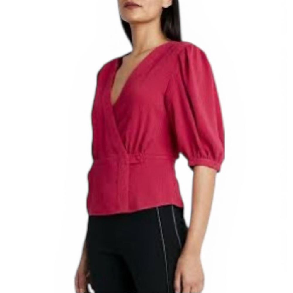 BCBGMAXAZRIA Red Wrap Blouse Puff Sleeve Peplum Top V Neck Designer Medium NWT - Picture 2 of 6